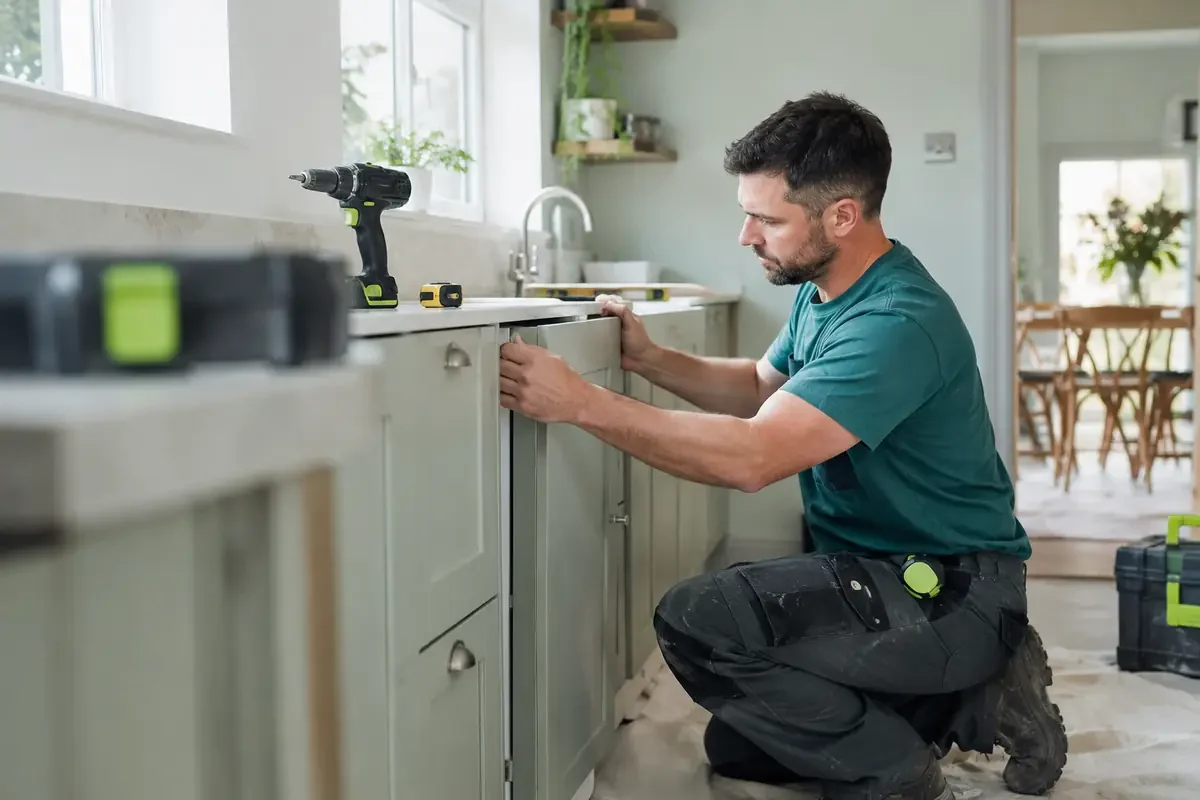 Kitchen fitter adjusting hinges on a base cabinet door
