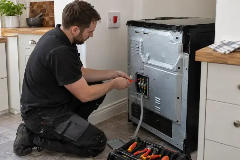 Electrician connecting power at the rear of a freestanding electric cooker