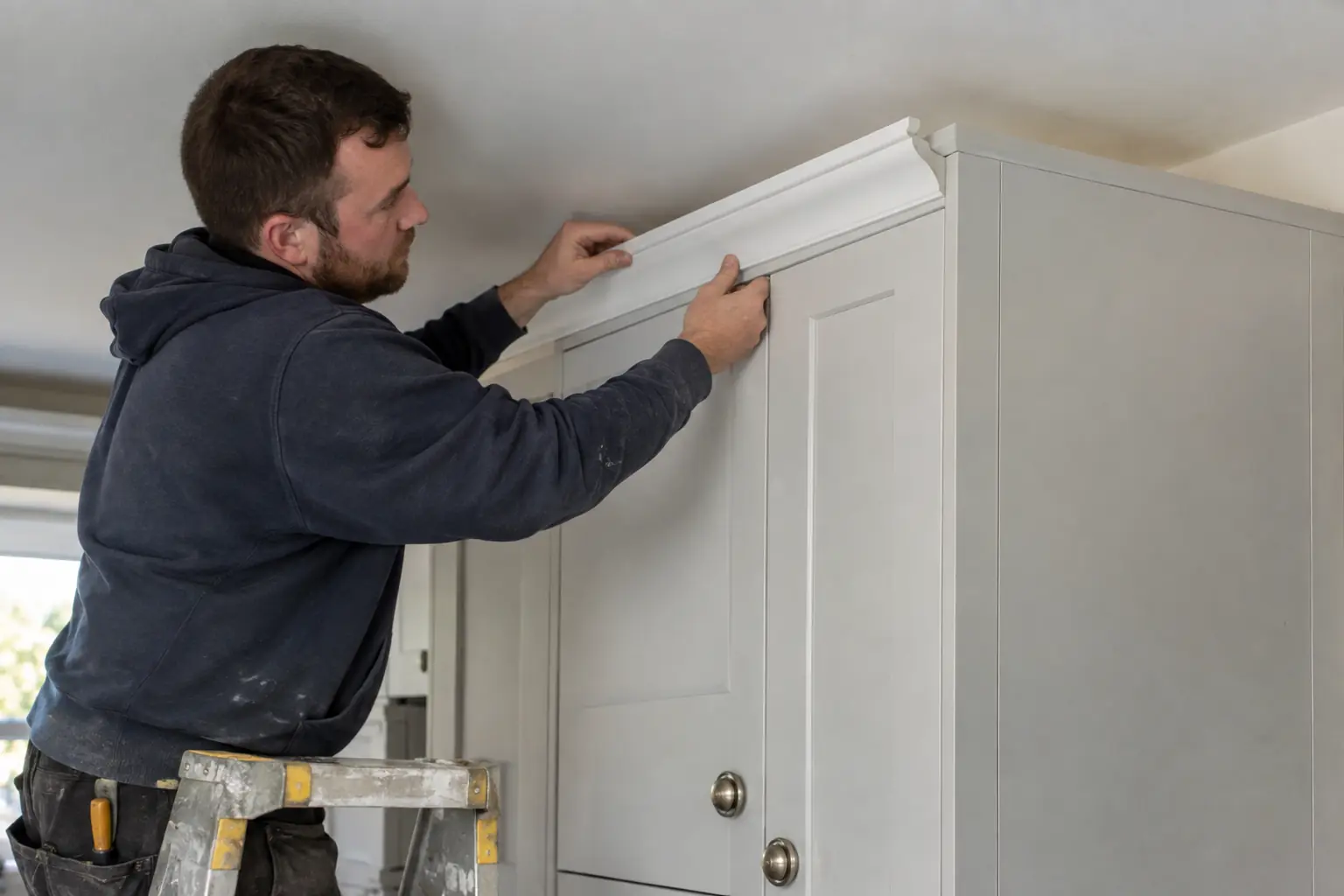Kitchen cornice fitting — Carpenter aligning white moulded cornice trim along the top of kitchen cabinetry beside a mitred corner.