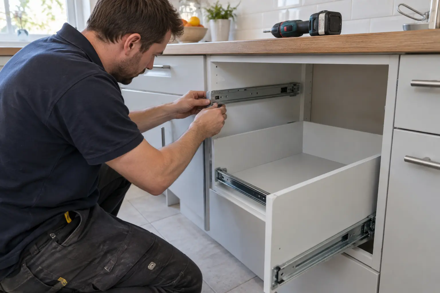 Kitchen drawer replacement — Fitter replacing kitchen drawer runners, with an open drawer box and metal telescopic runners clearly visible.