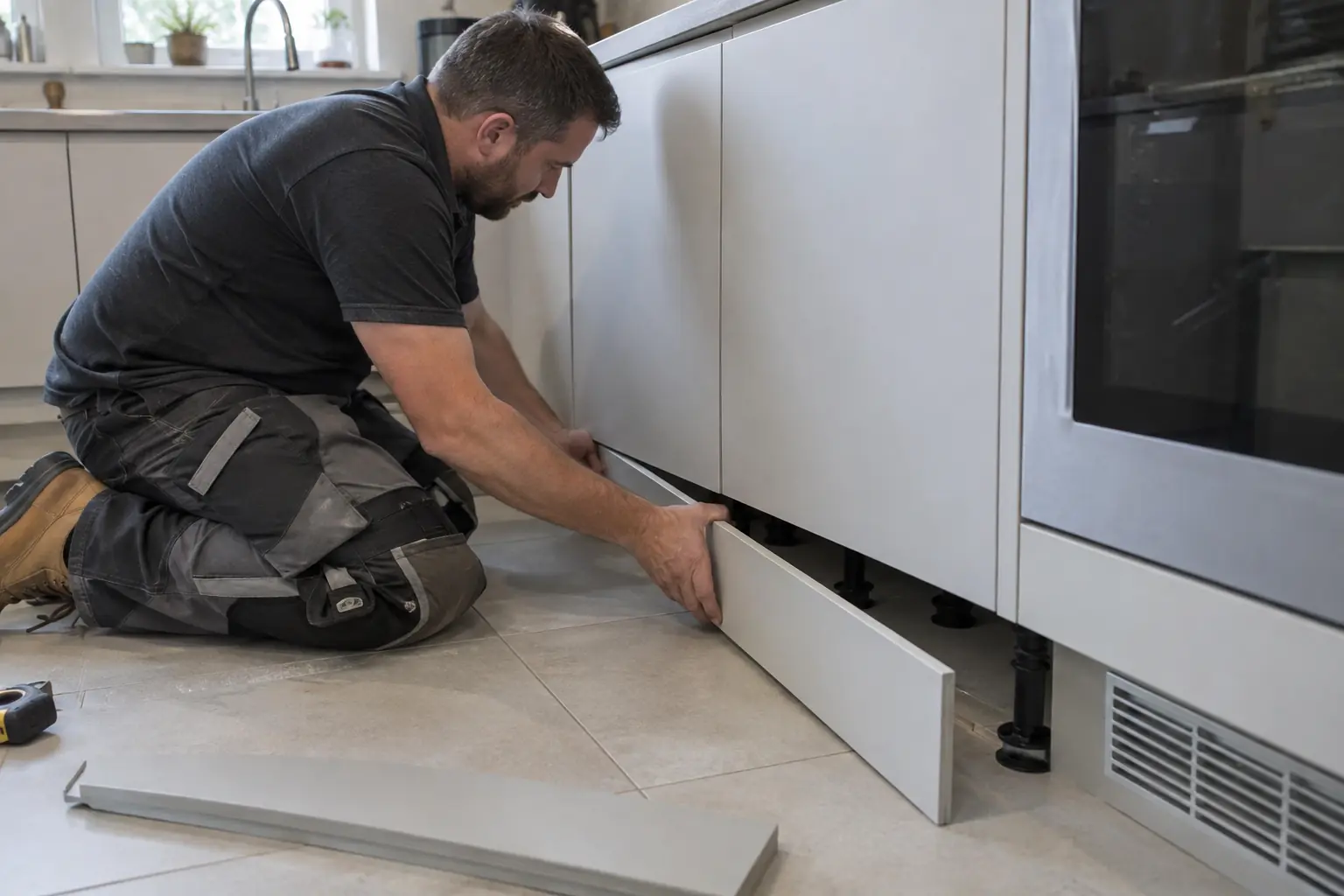 Kitchen plinth replacement — Kneeling fitter replacing a kitchen plinth beneath base cupboards, with adjustable cabinet feet, an old plinth and appliance ventilation grille.