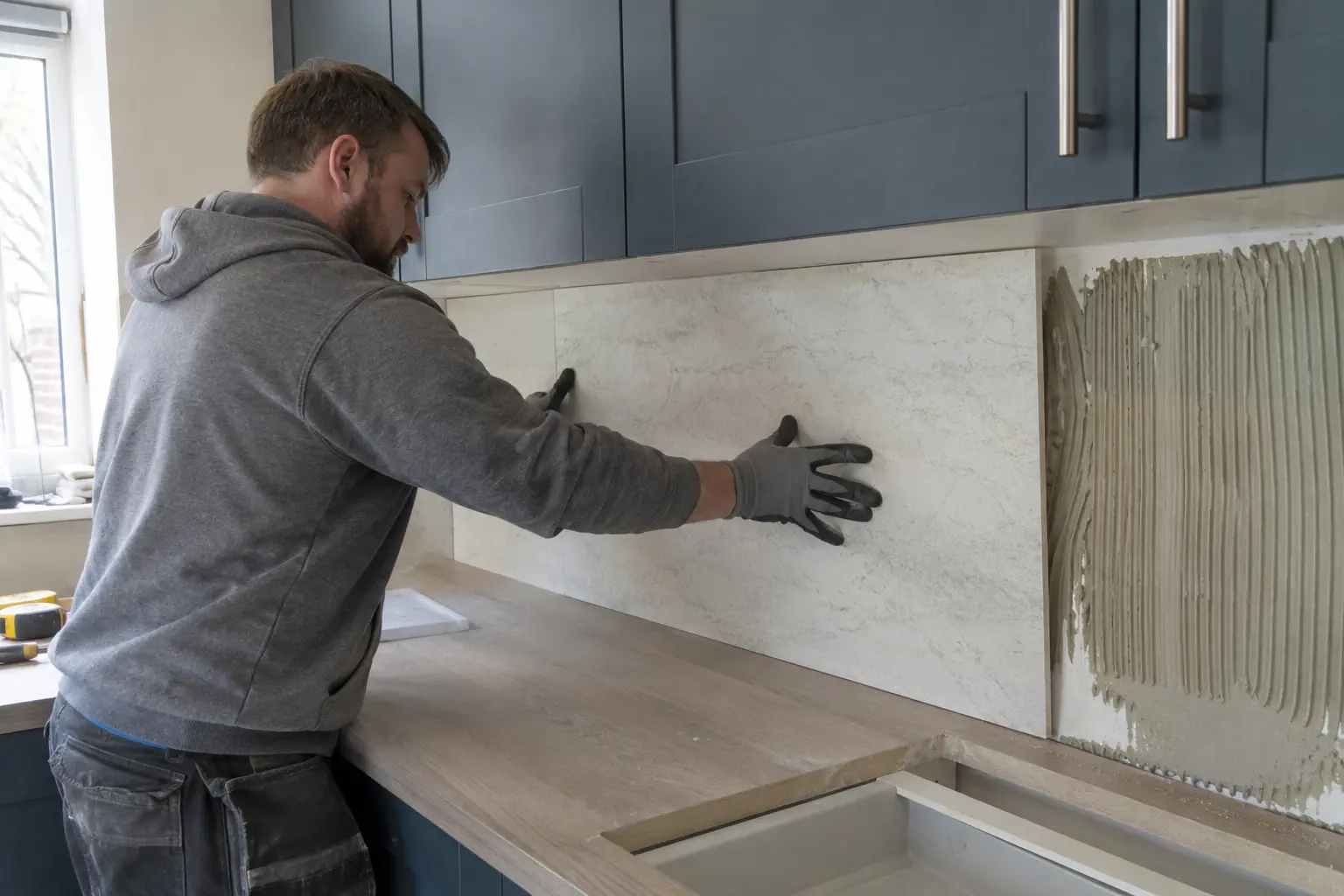Kitchen wall panel fitting — Kitchen fitter positioning a large pale stone-effect splashback panel between worktop and wall cabinets beside visible adhesive.